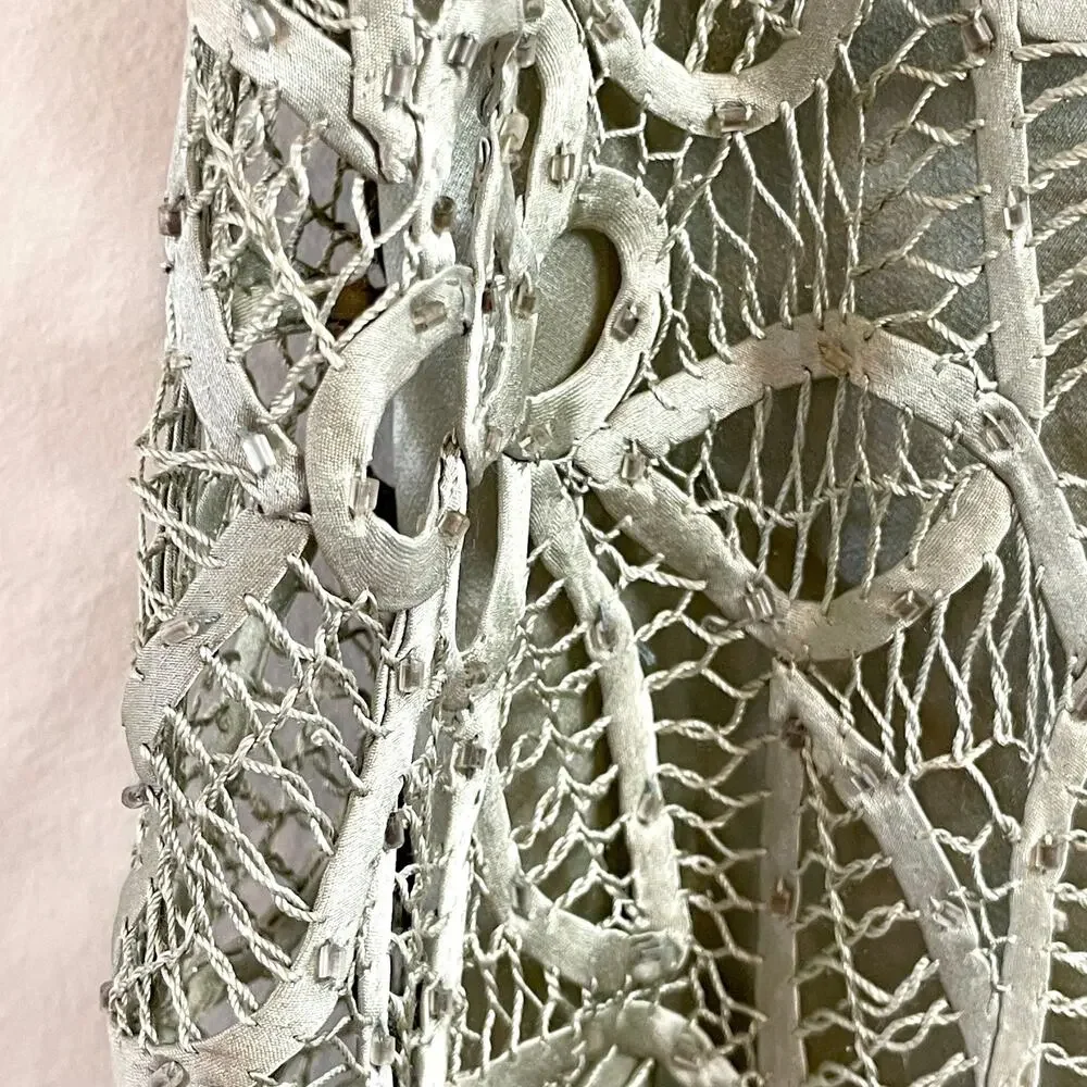 Vintage 90s Silk Crochet Maxi Skirt Large Beaded Fairy Grunge Festival Green - Picture 2 of 12